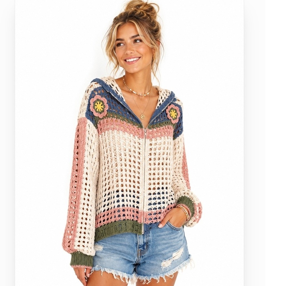 Mello Crochet Hooded Zip Cardigan Medium Boho Cottagecore